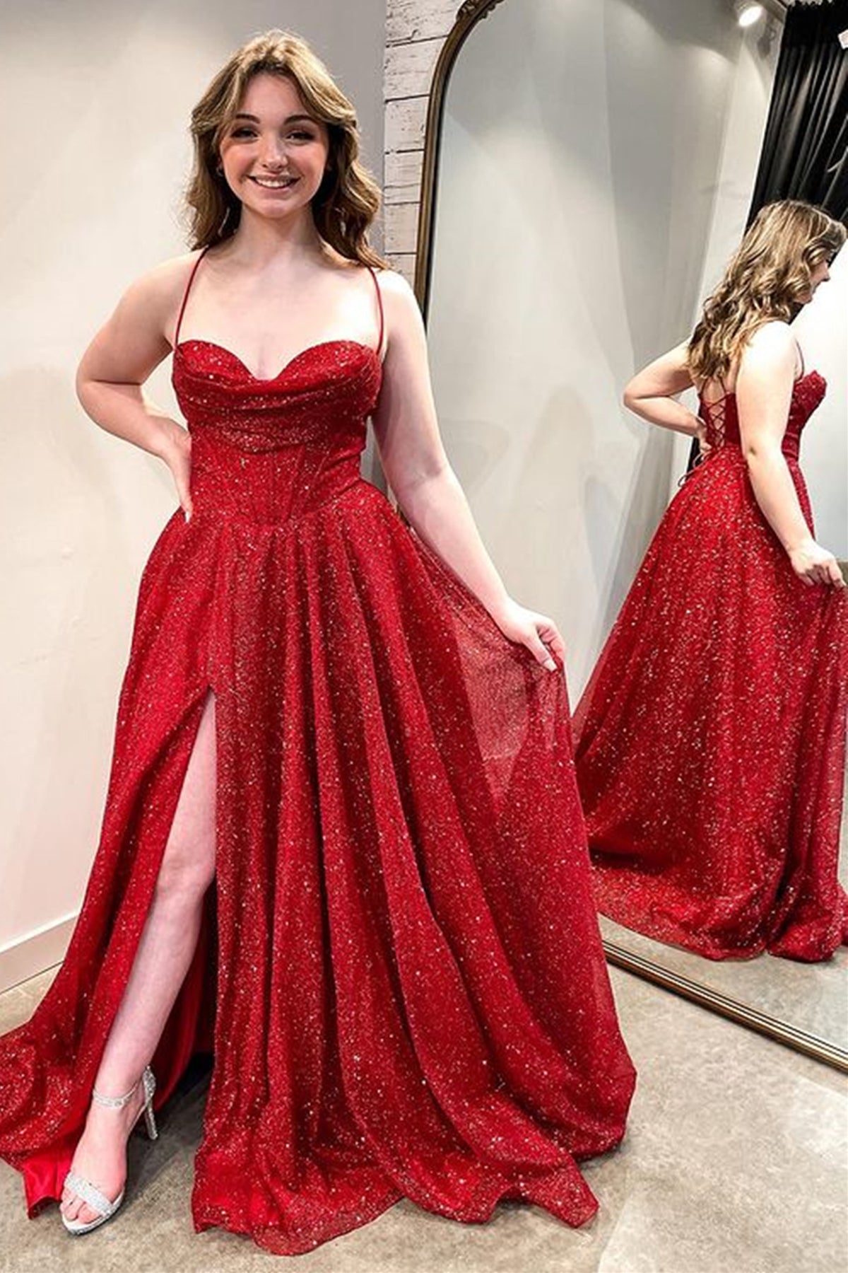 Unthony - Sweetheart Neck Burgundy Tulle Long Prom Dresses with High Slit