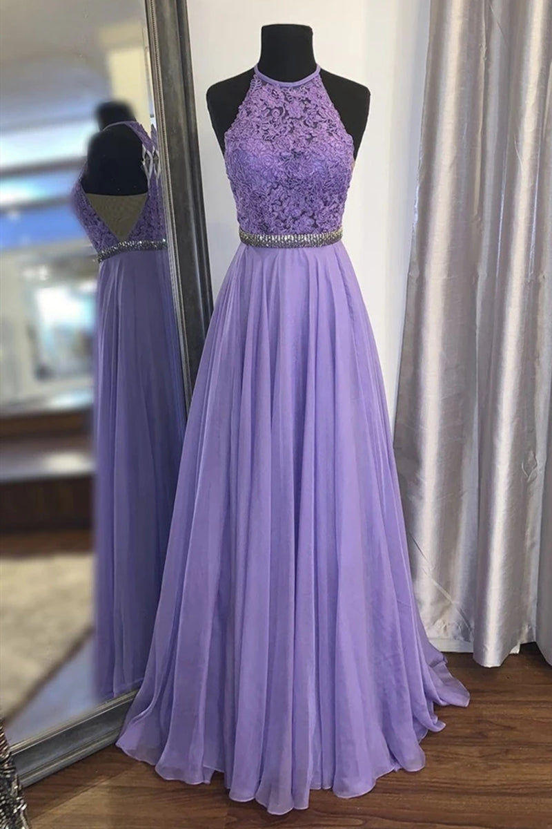 Unthony - A Line Purple Lace Long Prom Dress with Belt