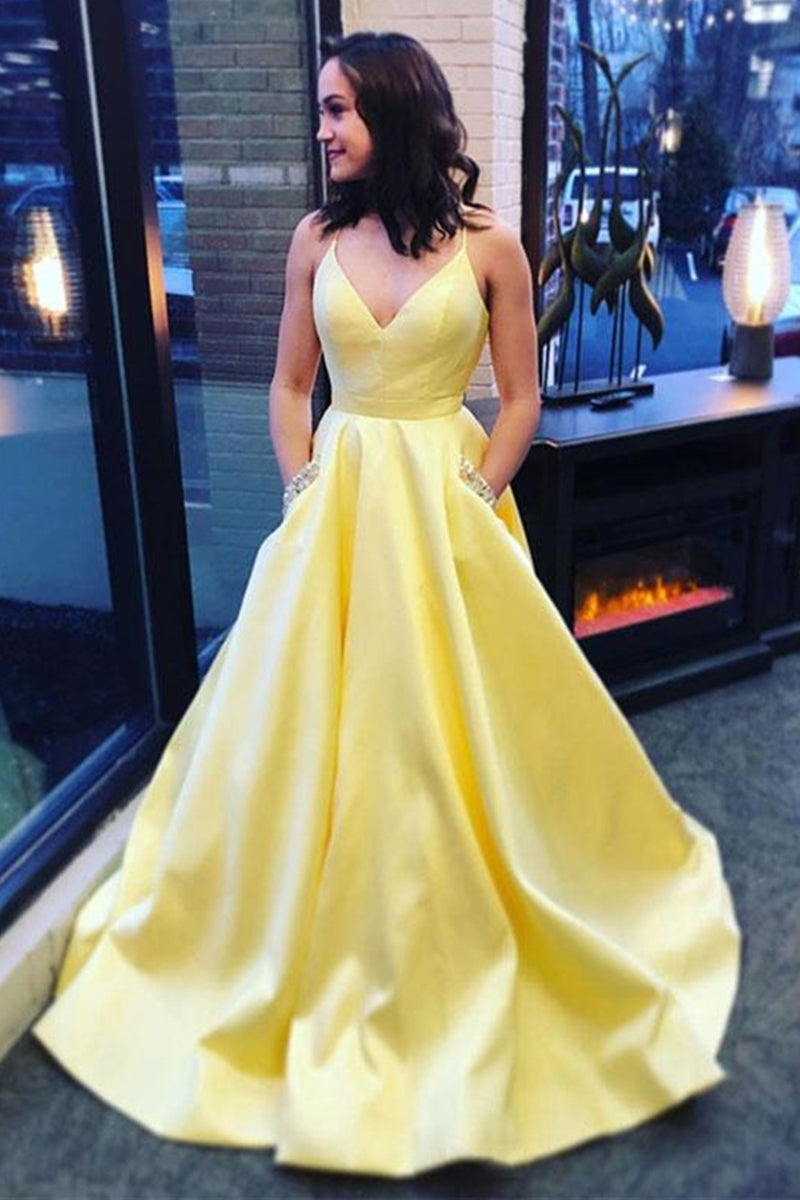 Unthony - A Line V Neck Yellow Satin Long Prom Dress with Pocket