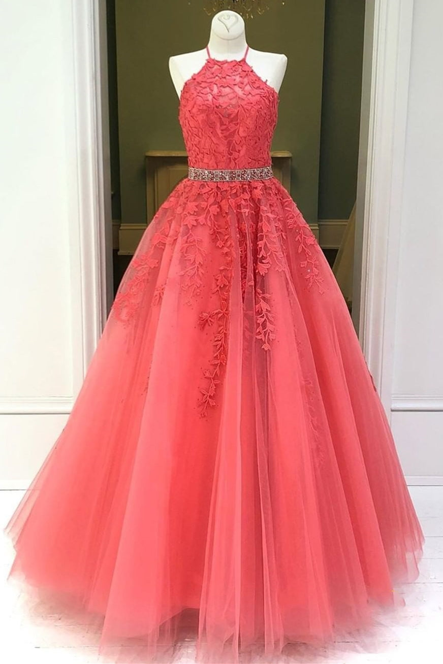 Unthony - Stylish Backless Coral Lace Long Prom Dress