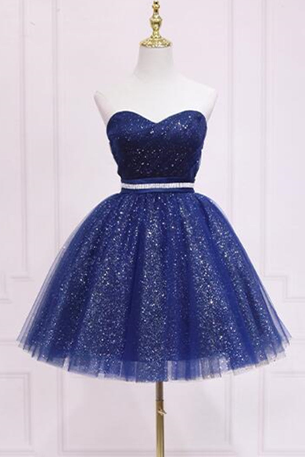 Unthony - Shiny Strapless Sweetheart Neck Blue Short Prom Homecoming Dress with Belt