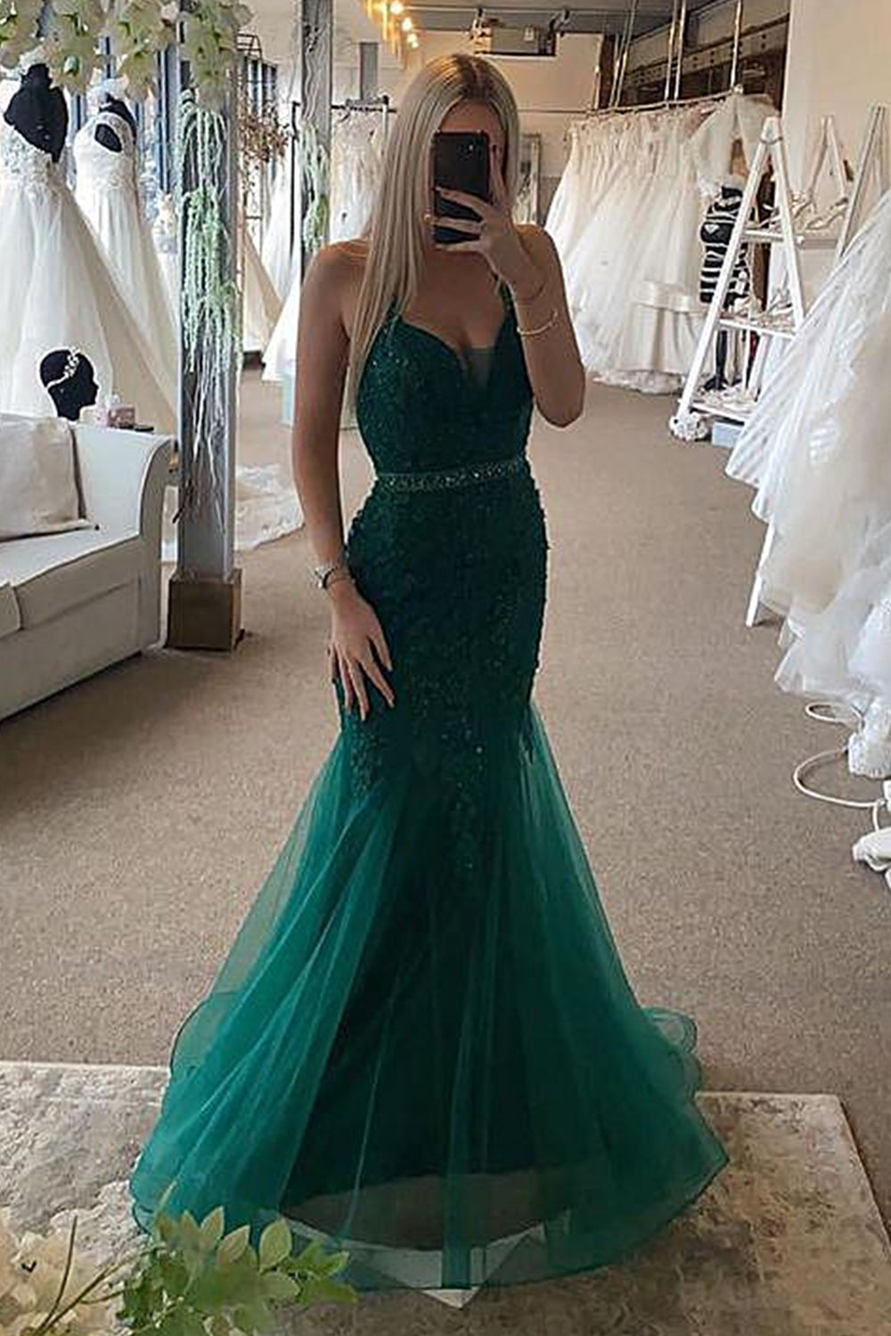 Unthony - Mermaid V Neck Open Back Green Lace Long Prom Dress with Belt