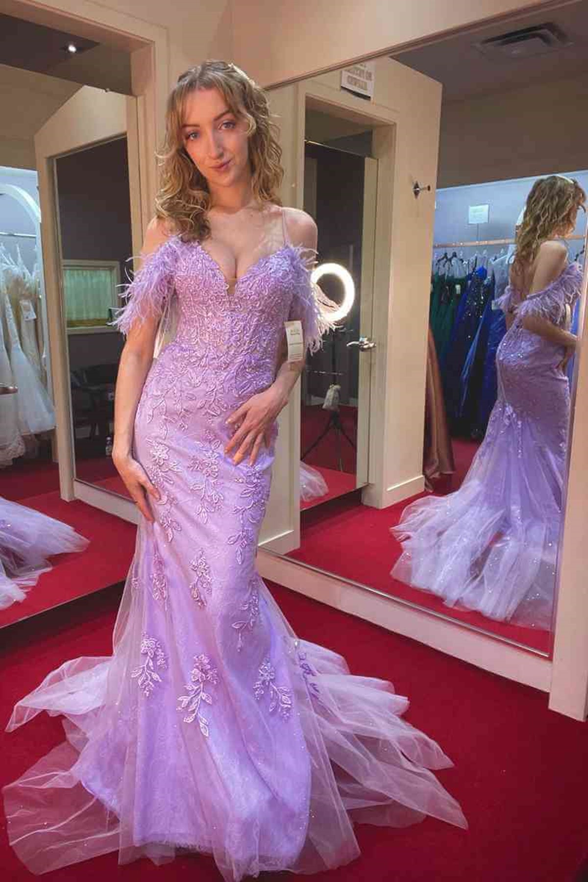 Unthony - Off Shoulder Mermaid Purple Lace Long Prom Dress