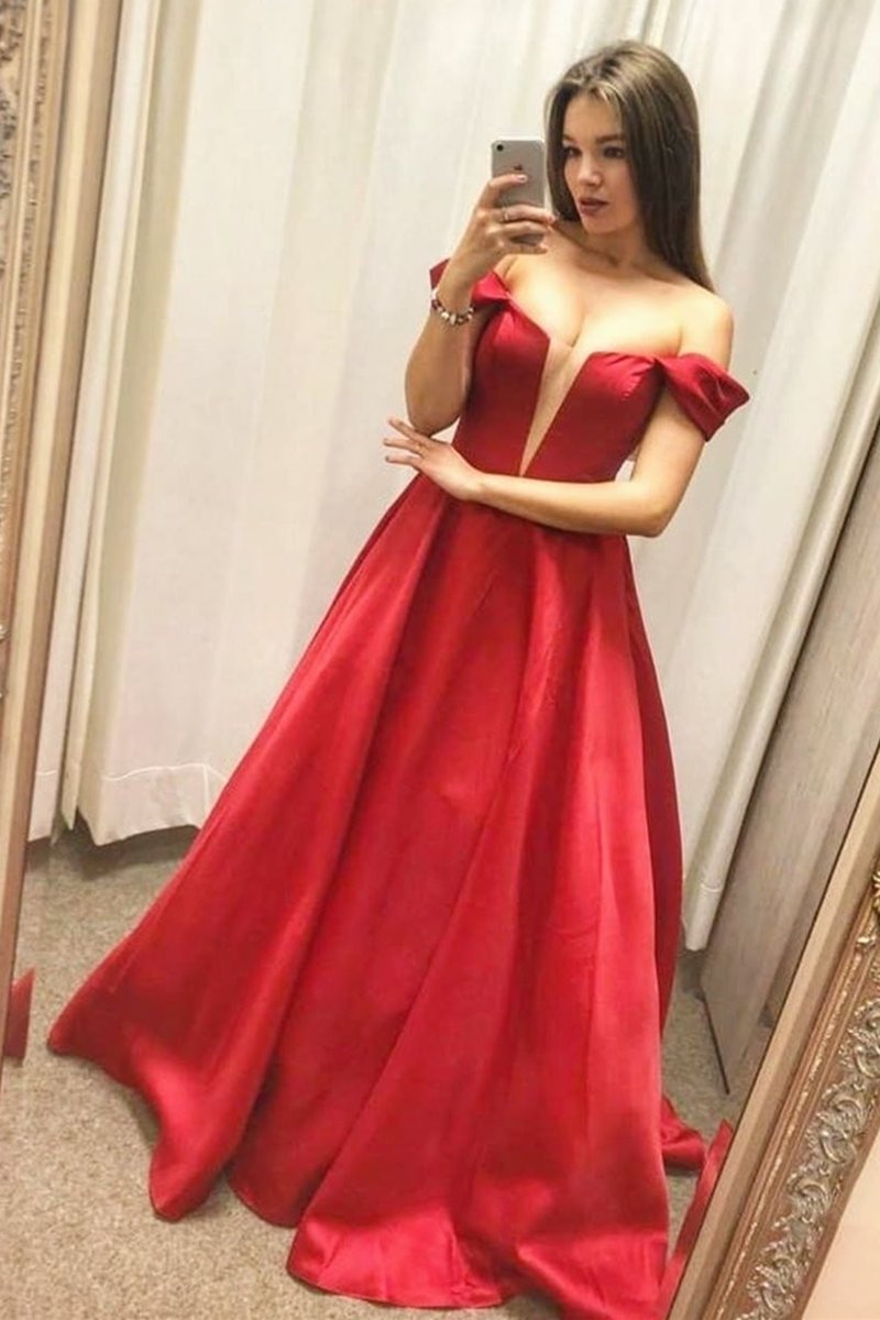 Unthony - Stylish Off Shoulder V Neck Red Satin Long Prom Dress