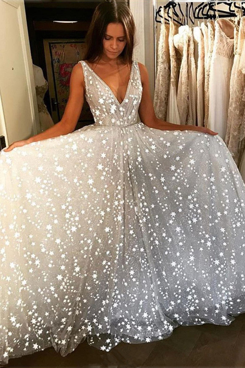 Unthony - Sparkly V Neck Star Lace White Long Prom Dresses
