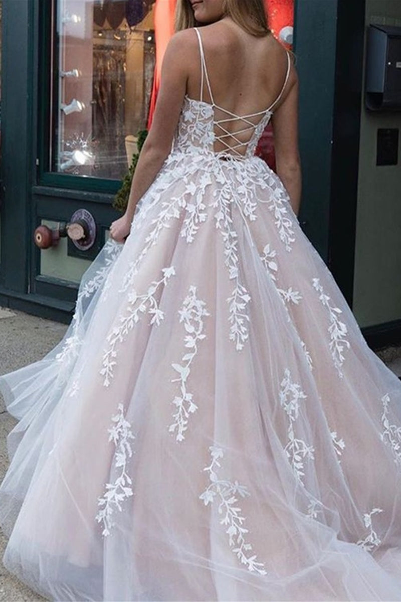 Unthony - Gorgeous Open Back Long Champagne Lace Prom Dress