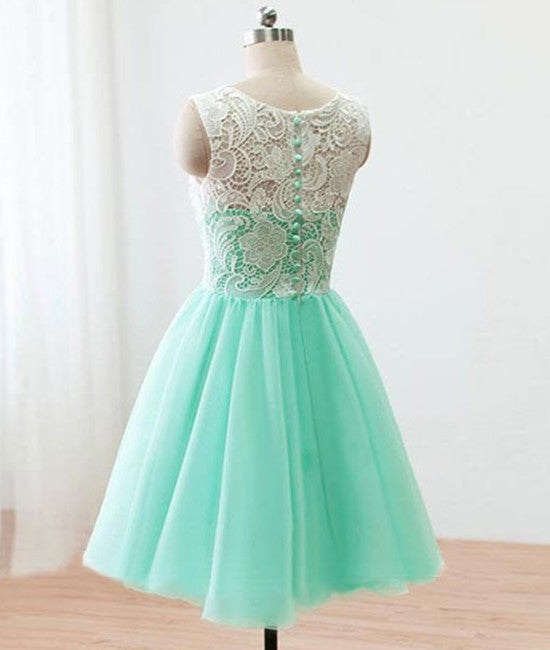 Unthony - Pretty Round-Neck Lace Tulle Short Green Prom Dresses