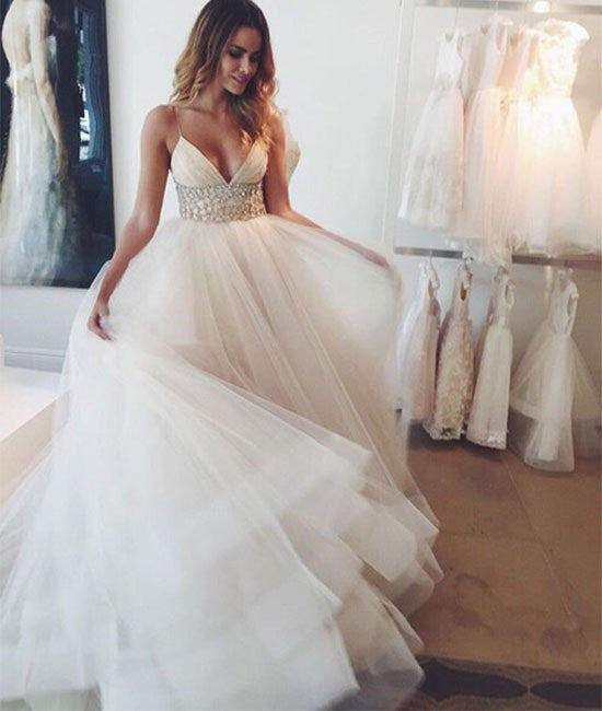 Unthony - Custom Made V Neck Straps Beaded White Prom Dresses