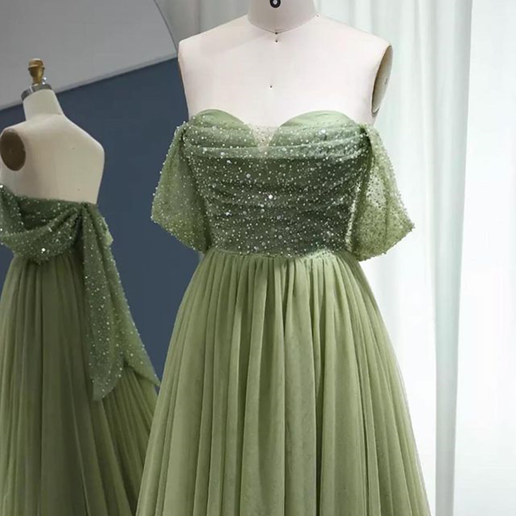 Unthony - Off the Shoulder Beaded Green Tulle Long Prom Dress