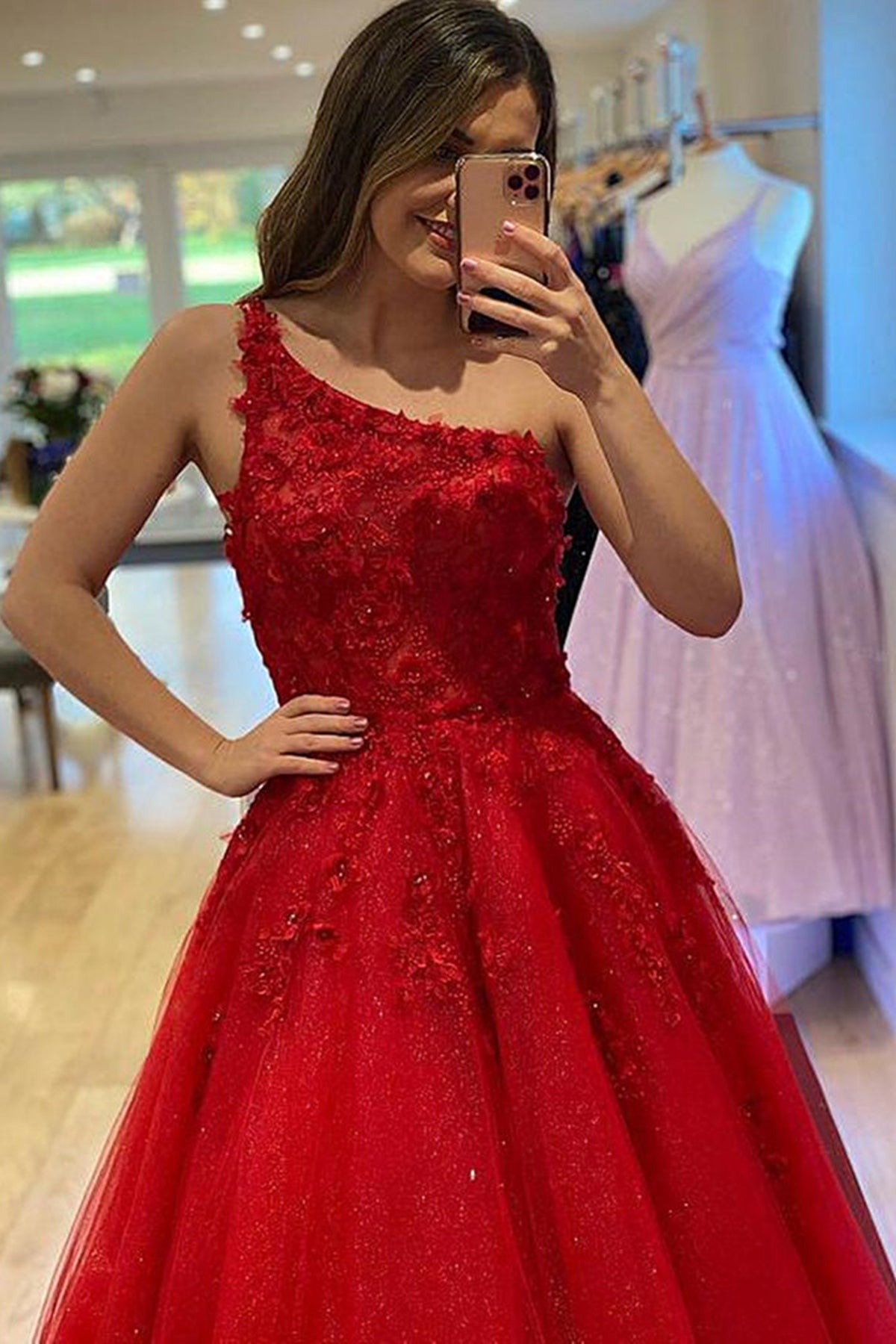 Unthony - Shiny One Shoulder Red Lace Floral Long Prom Dress