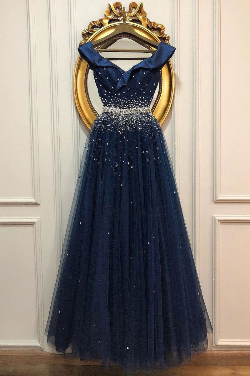 Unthony - Off Shoulder Sequins Dark Blue Long Prom Dress