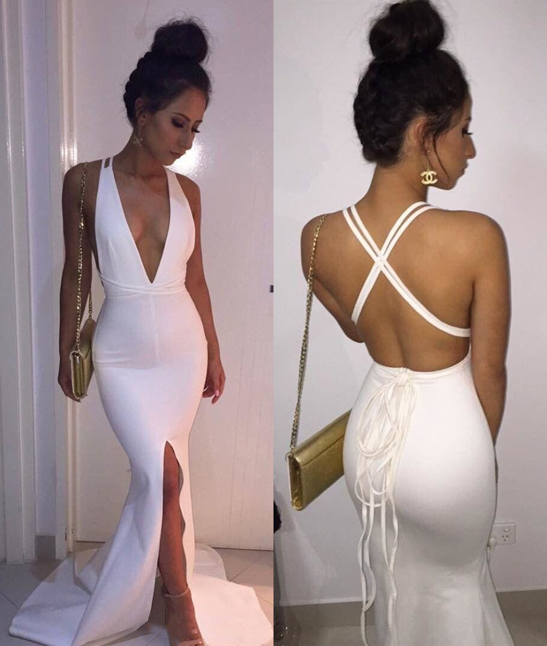 Unthony - White Mermaid Deep V Neck Cross Back Long Prom Dresses with Slit
