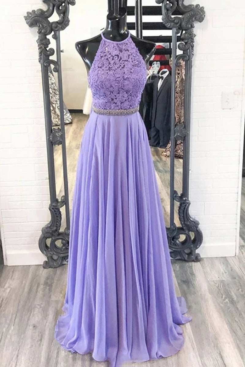 Unthony - A Line Purple Lace Long Prom Dress with Belt