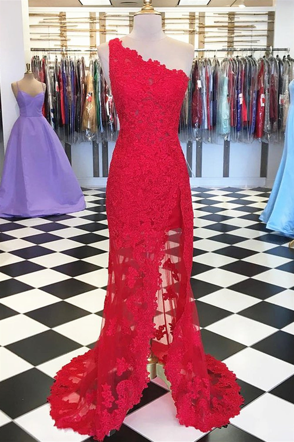 Unthony - One Shoulder Mermaid Red Lace Long Prom Dresses with High Slit