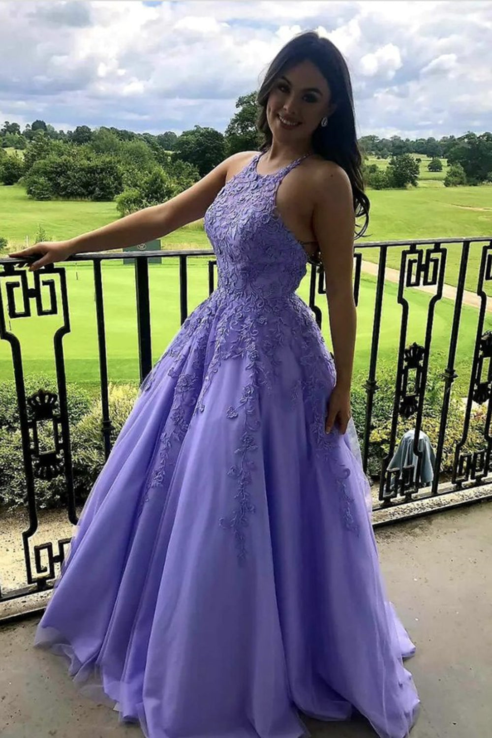 Unthony - A Line Purple Lace Long Prom Dress
