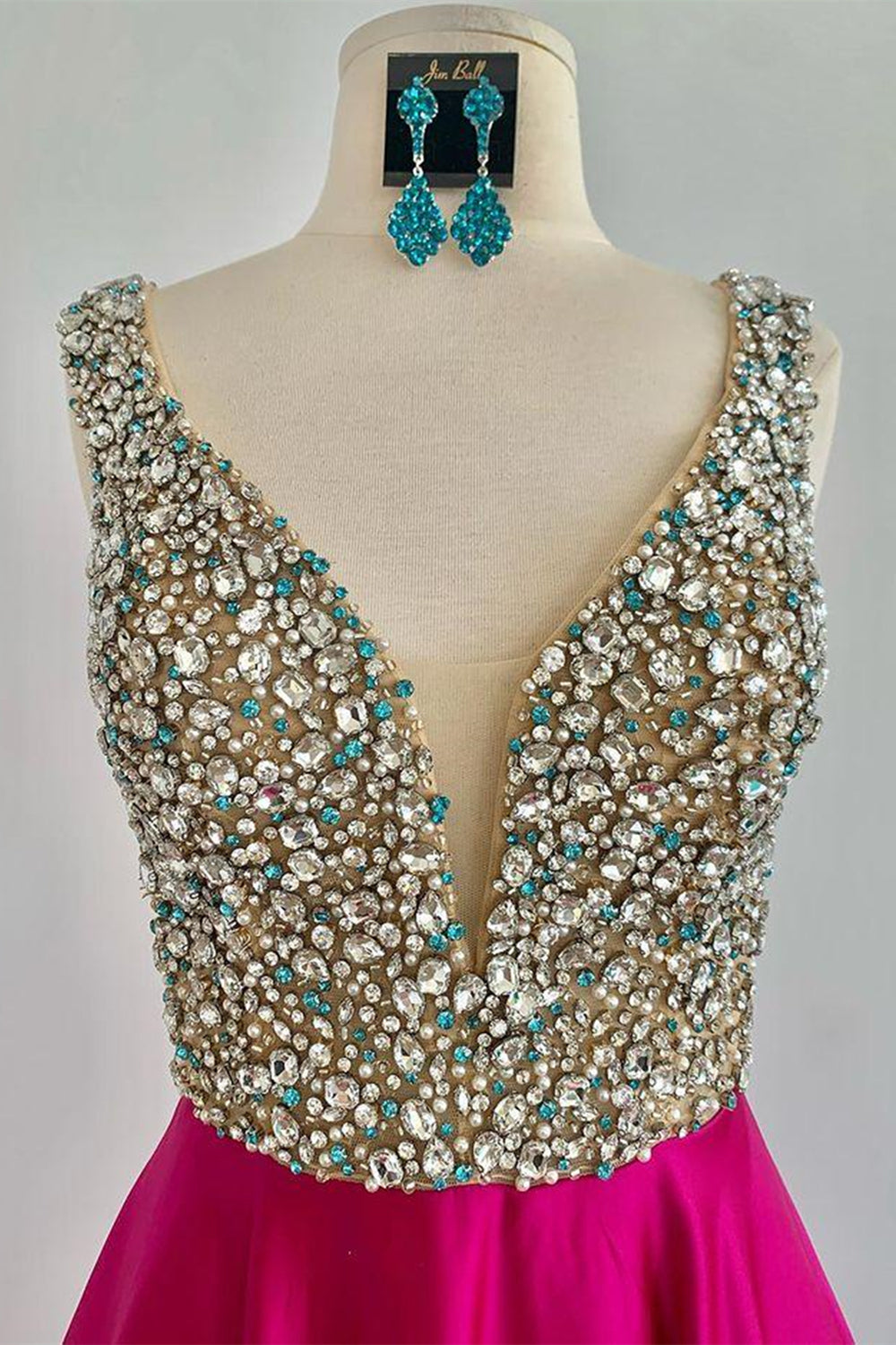 Unthony - A Line V Neck Beaded Fuchsia Long Prom Dress