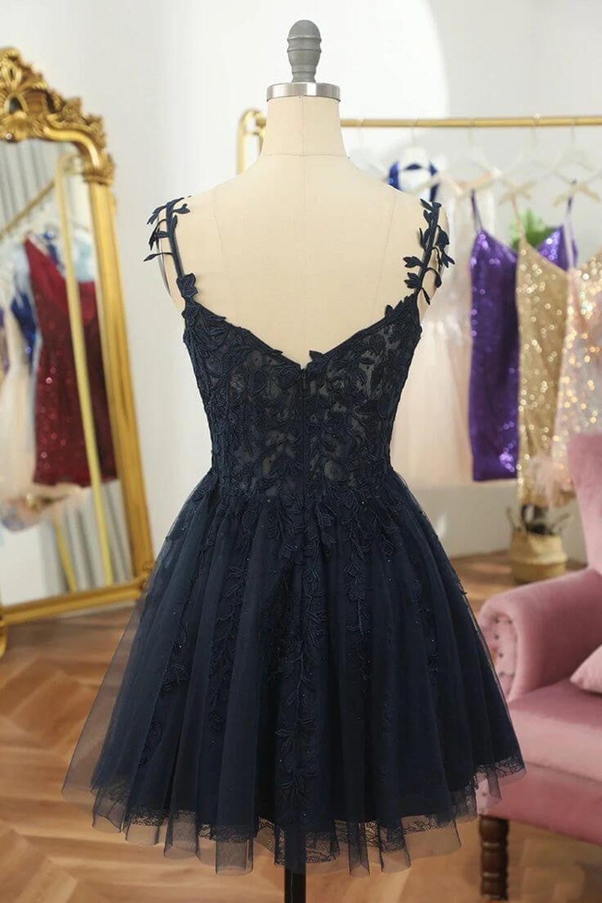 Unthony - V Neck Beaded Navy Blue Lace Prom Dress