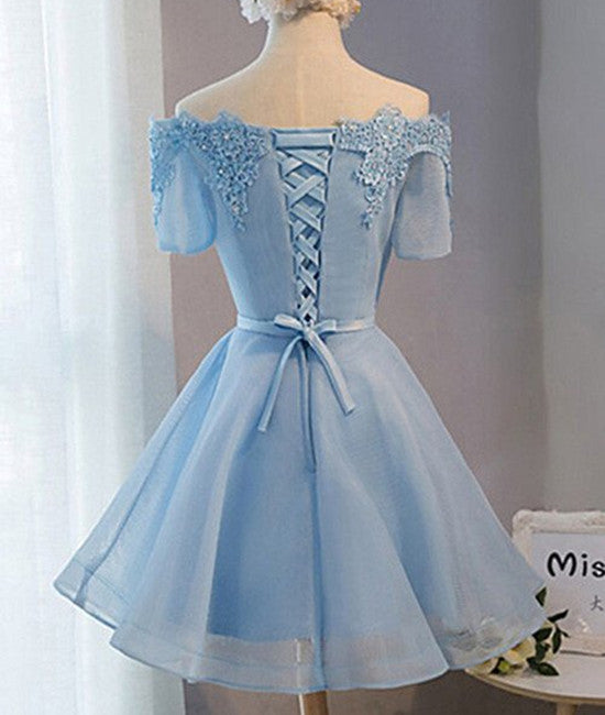 Unthony - Blue Short Sleeves Lace-up Organza Bow Prom Dresses