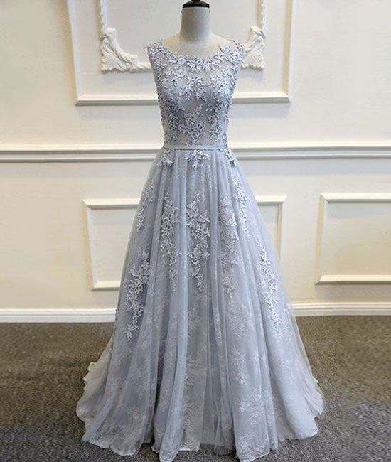 Unthony - A Line Round Neck Lace Grey Prom Dresses