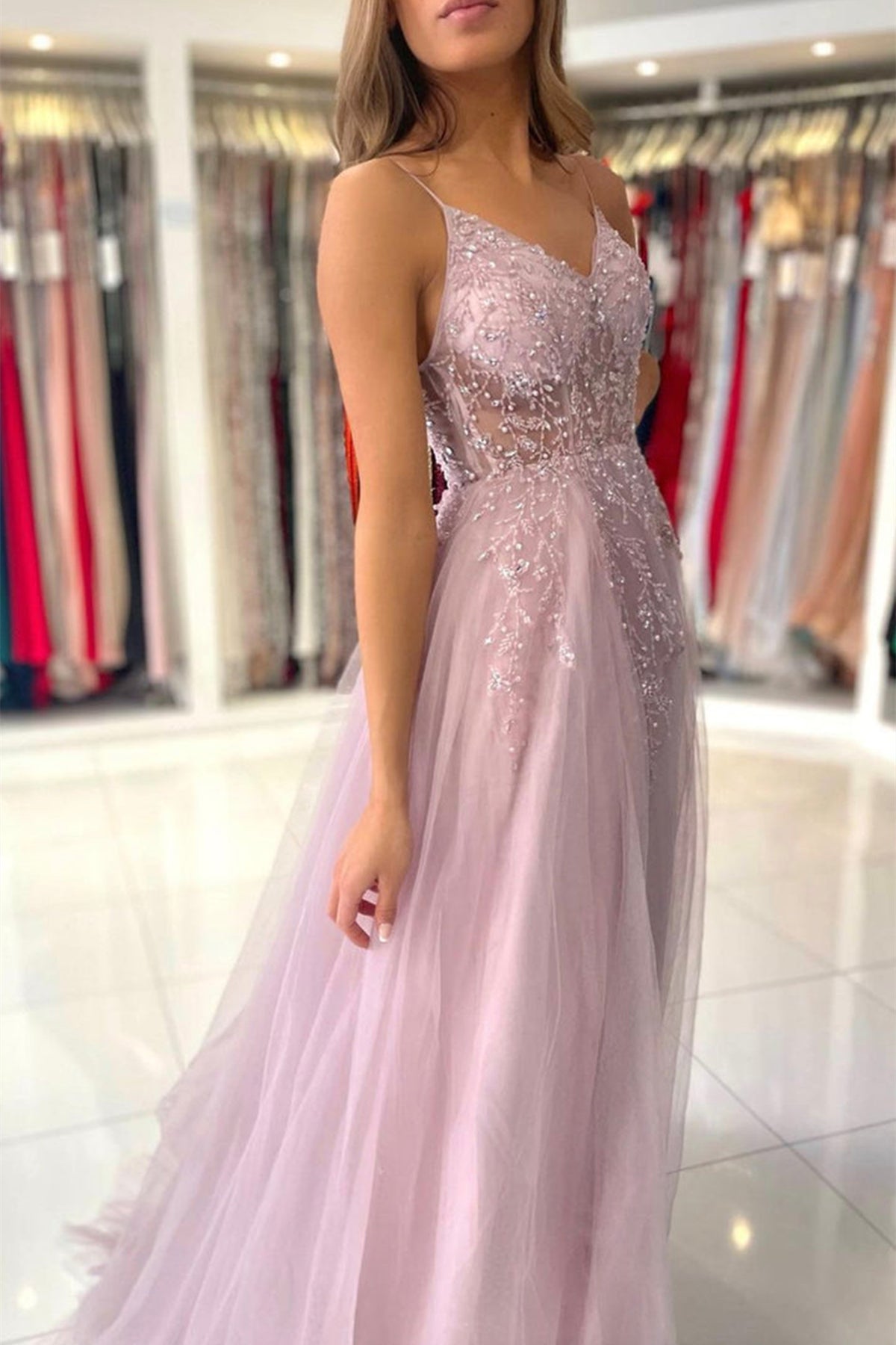 Unthony - Gorgeous V Neck Beaded Pink Tulle Long Prom Dress with High Slit