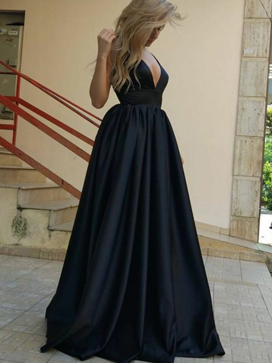 Unthony - Black A Line V Neck Open Back Satin Long Prom Dresses