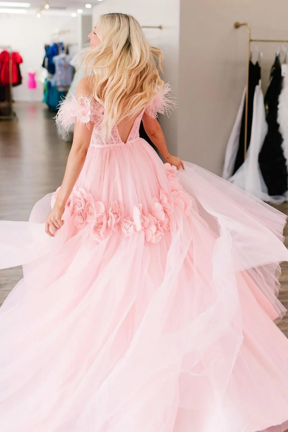 Unthony - Off Shoulder Pink Lace Long Prom Dress with Flowers