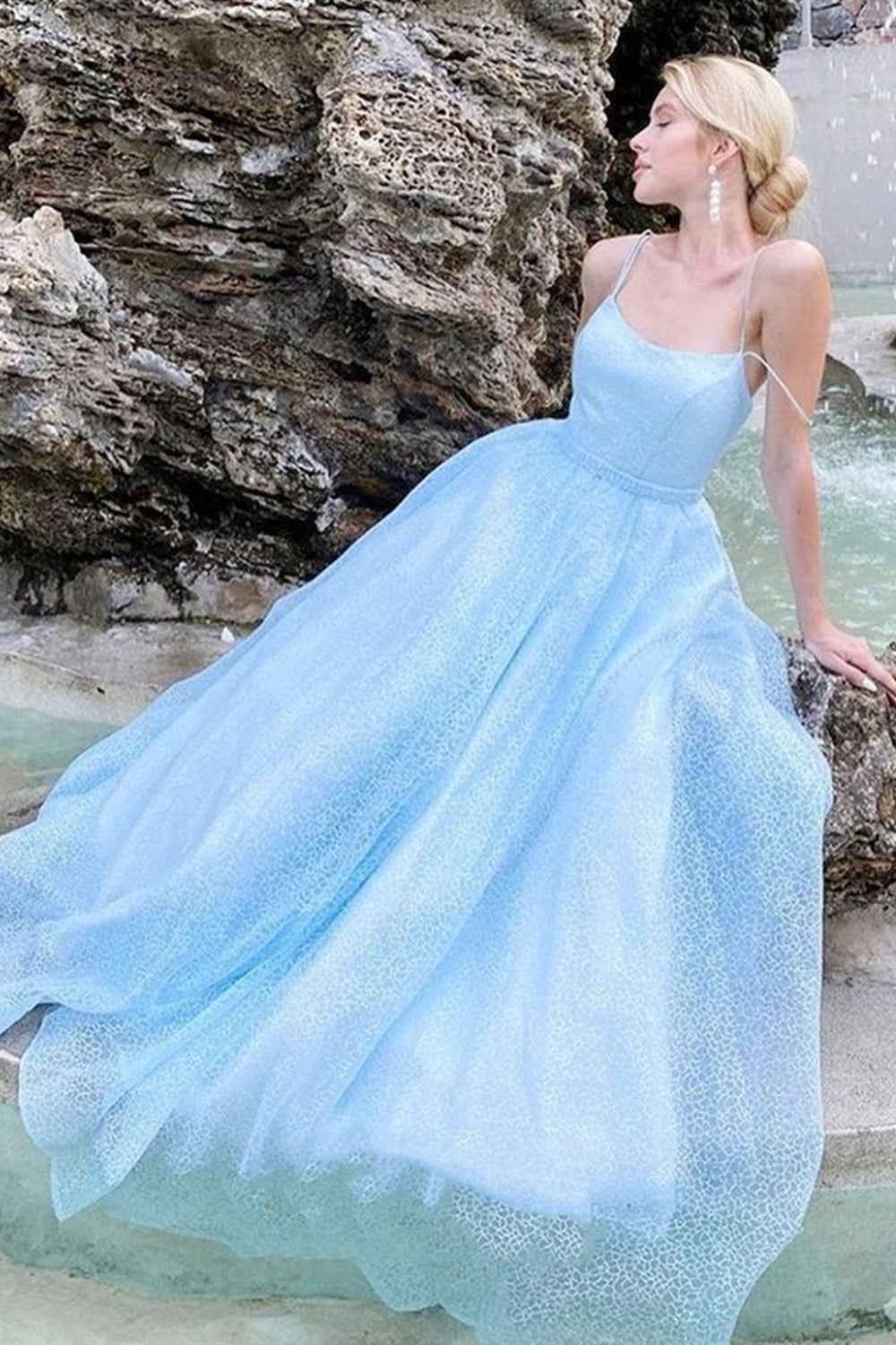 Unthony - Shiny Sequins Open Back Light Blue Long Prom Dress
