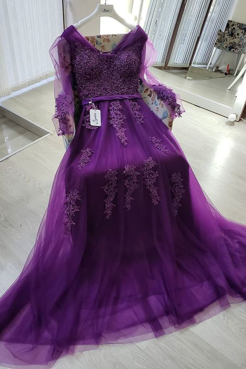Unthony - Long Sleeves Purple Lace Long Prom Dress