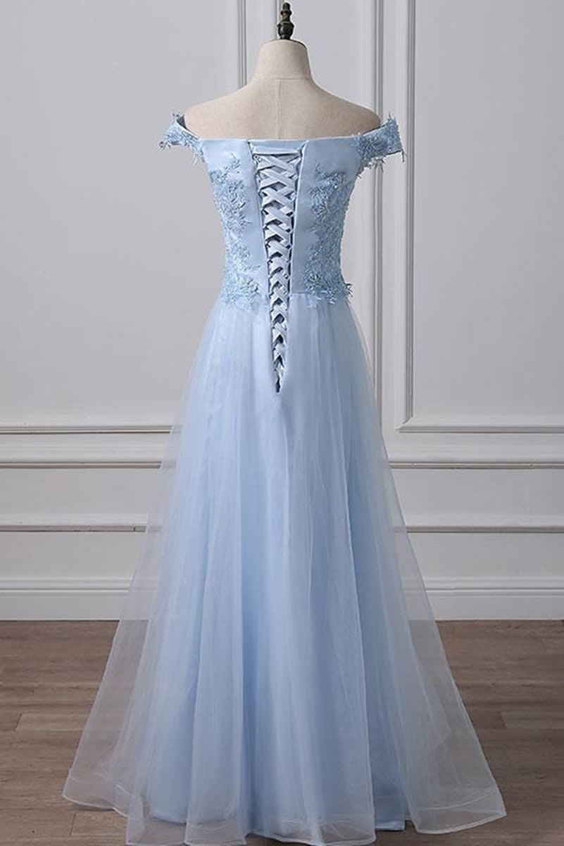 Unthony - Elegant Off Shoulder Long Sky Blue Lace Prom Dress