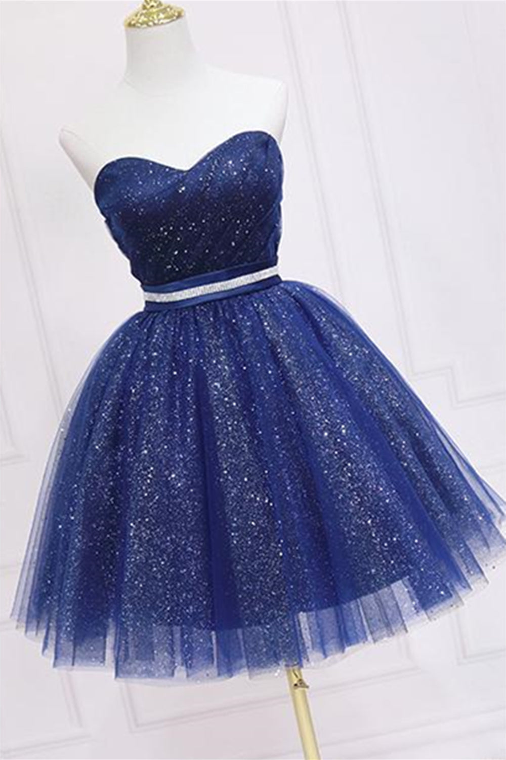 Unthony - Shiny Strapless Sweetheart Neck Blue Short Prom Homecoming Dress with Belt
