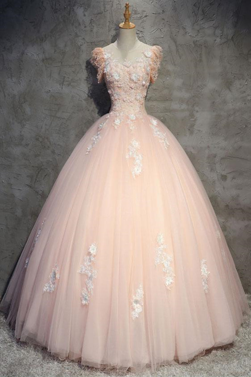 Unthony - Round Neck Cap Sleeves Lace Pink Long Prom Dress