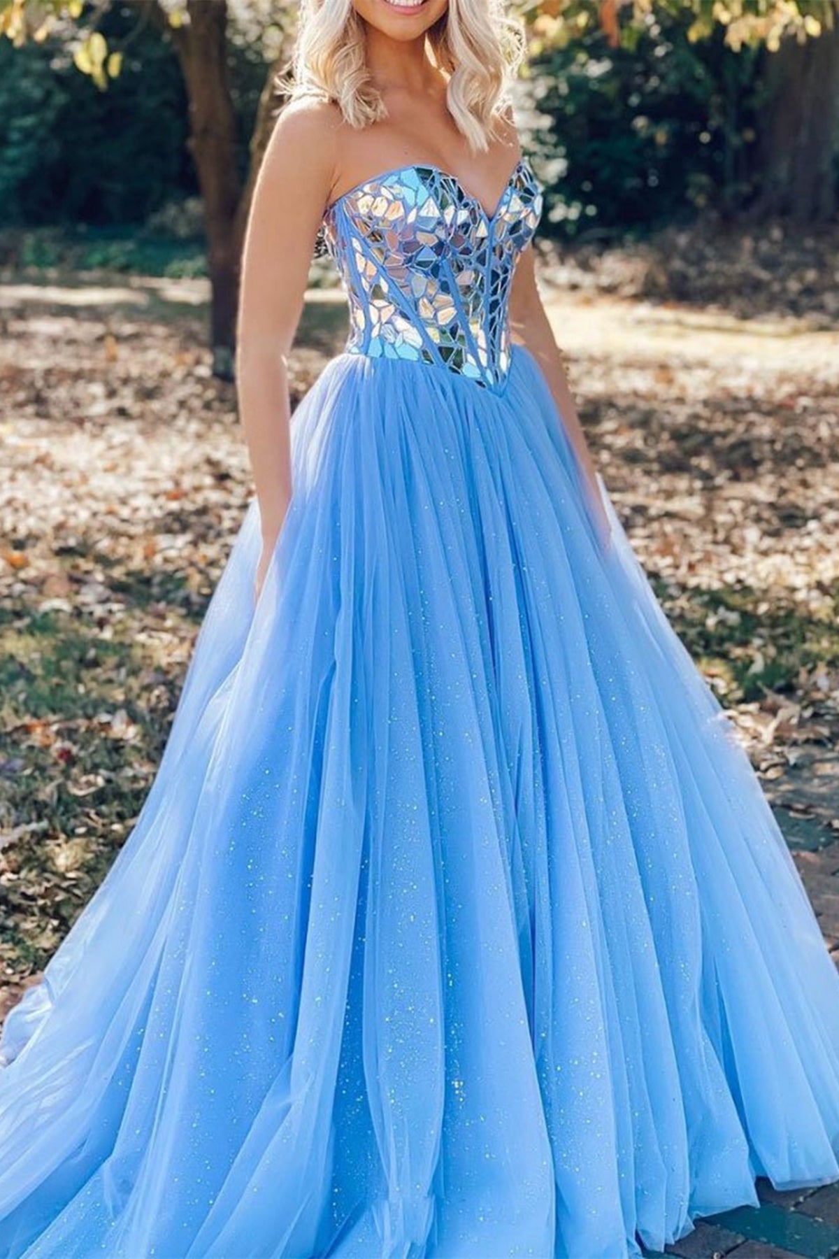 Unthony - Strapless Shiny Sequins Blue Tulle Long Prom Dress