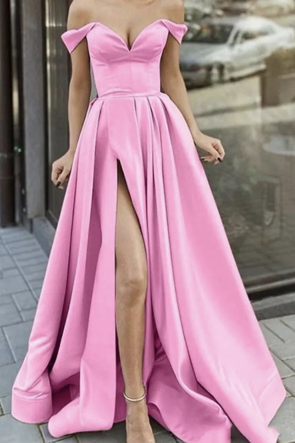 Unthony - Elegant Off Shoulder Pink Satin Long Prom Dresses with High Slit