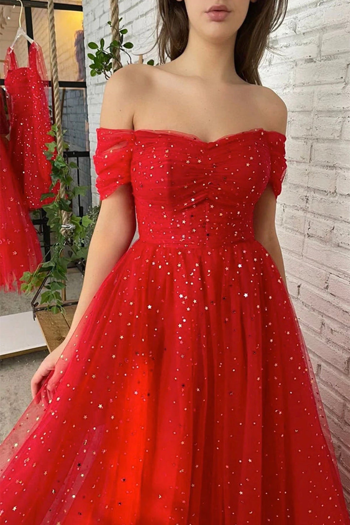 Unthony - Off Shoulder Red Tulle Sequins Long Prom Dress