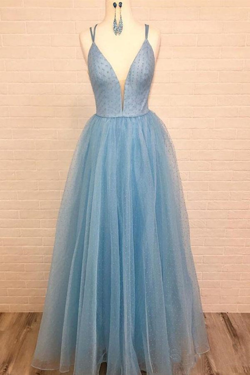 Unthony - A Line V Neck Sky Blue Long Prom Dress 2020 with Tiny Dot Print