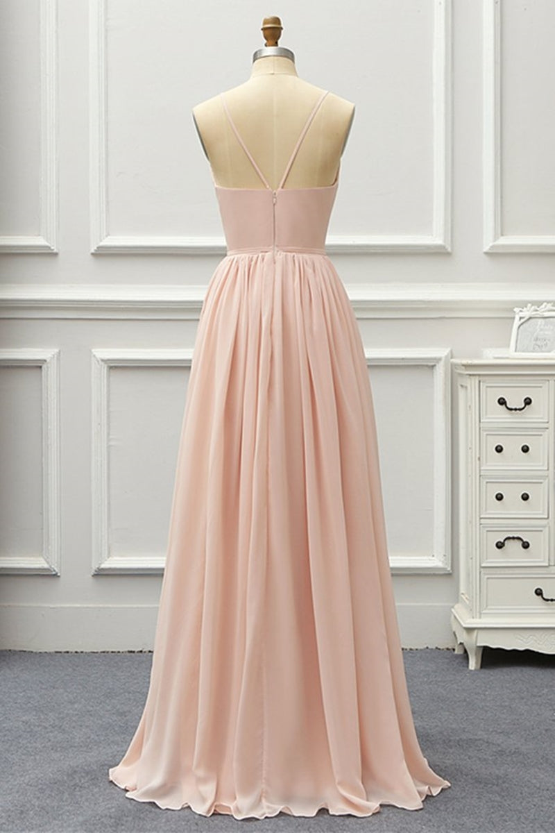 Unthony - Elegant A Line V Neck Pink Long Prom Dress