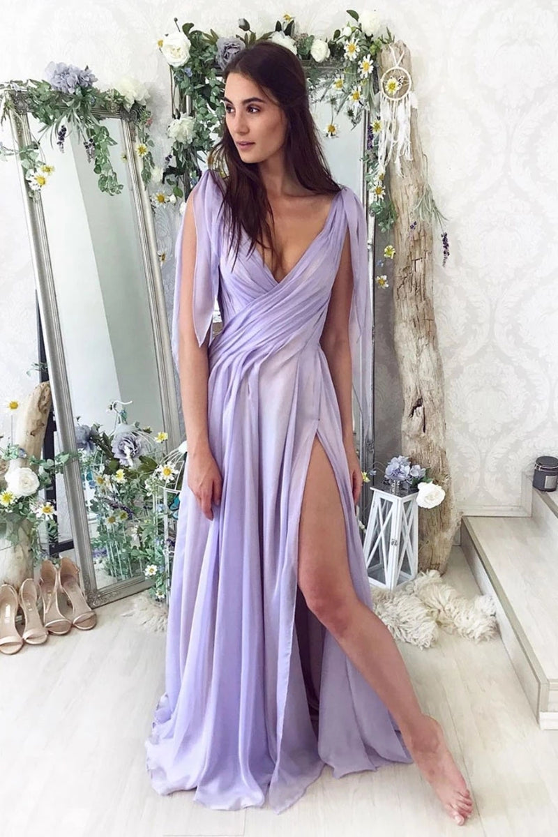 Unthony - Elegant V Neck Purple Chiffon Long Prom Dress with Slit
