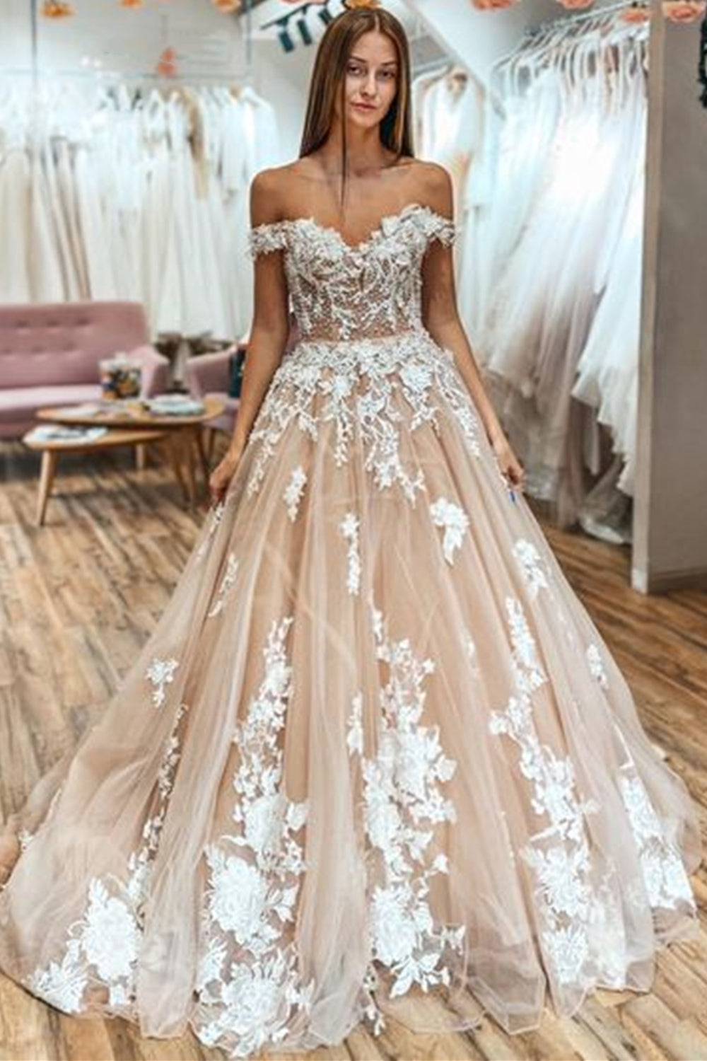 Unthony - Off Shoulder Beaded Champagne Lace Long Prom Wedding Dress