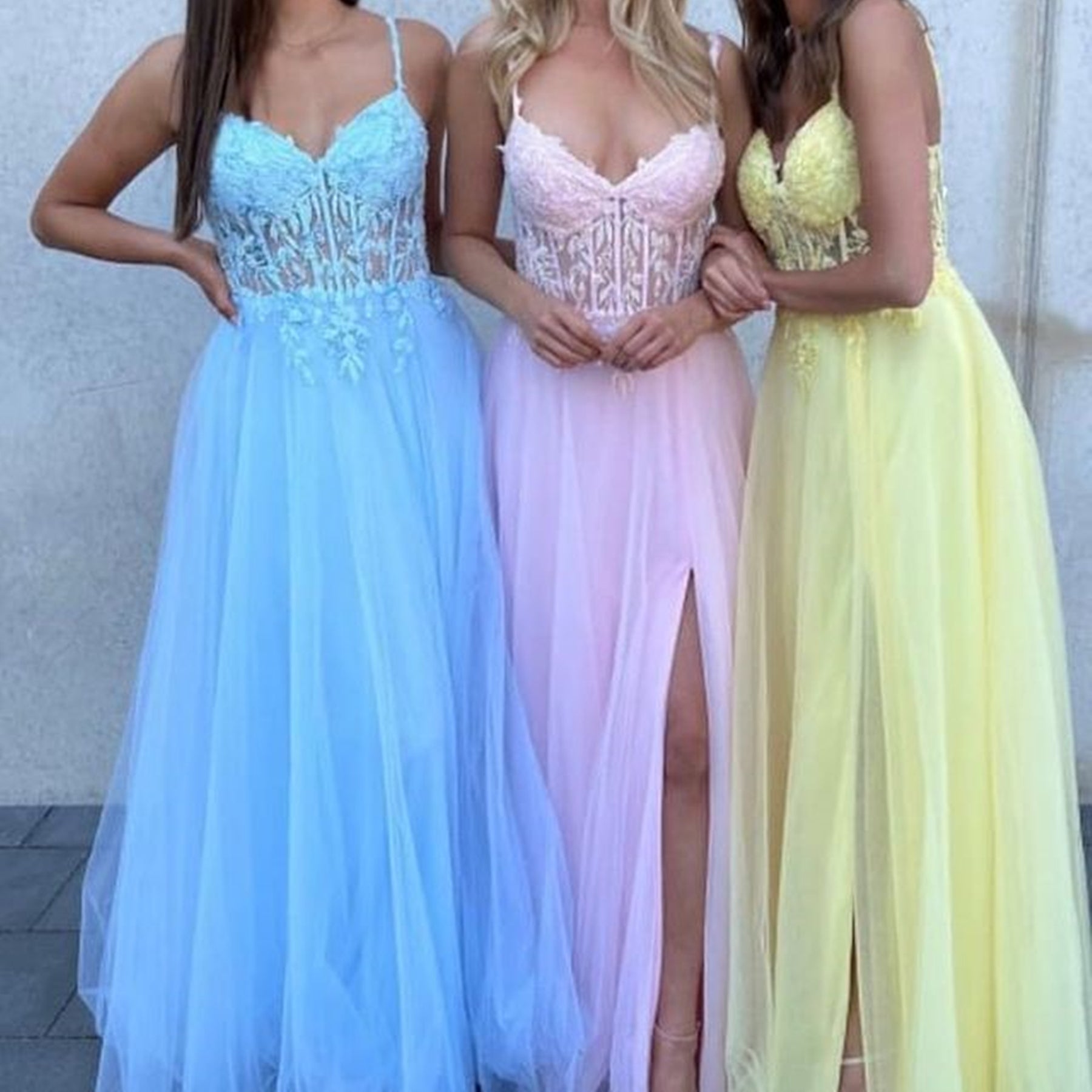 Unthony - V Neck Blue/Pink/Yellow Lace Long Prom Dress with High Slit
