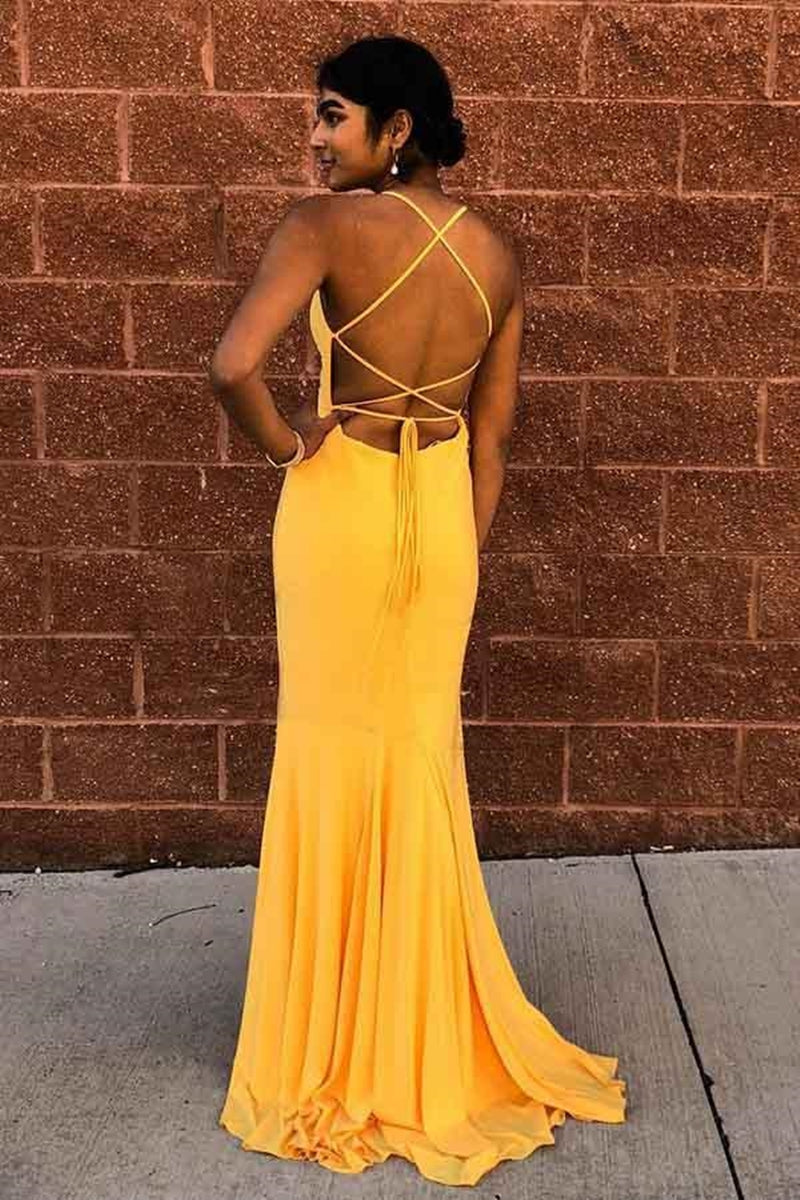 Unthony - Elegant Mermaid Backless Yellow Long Prom Dress
