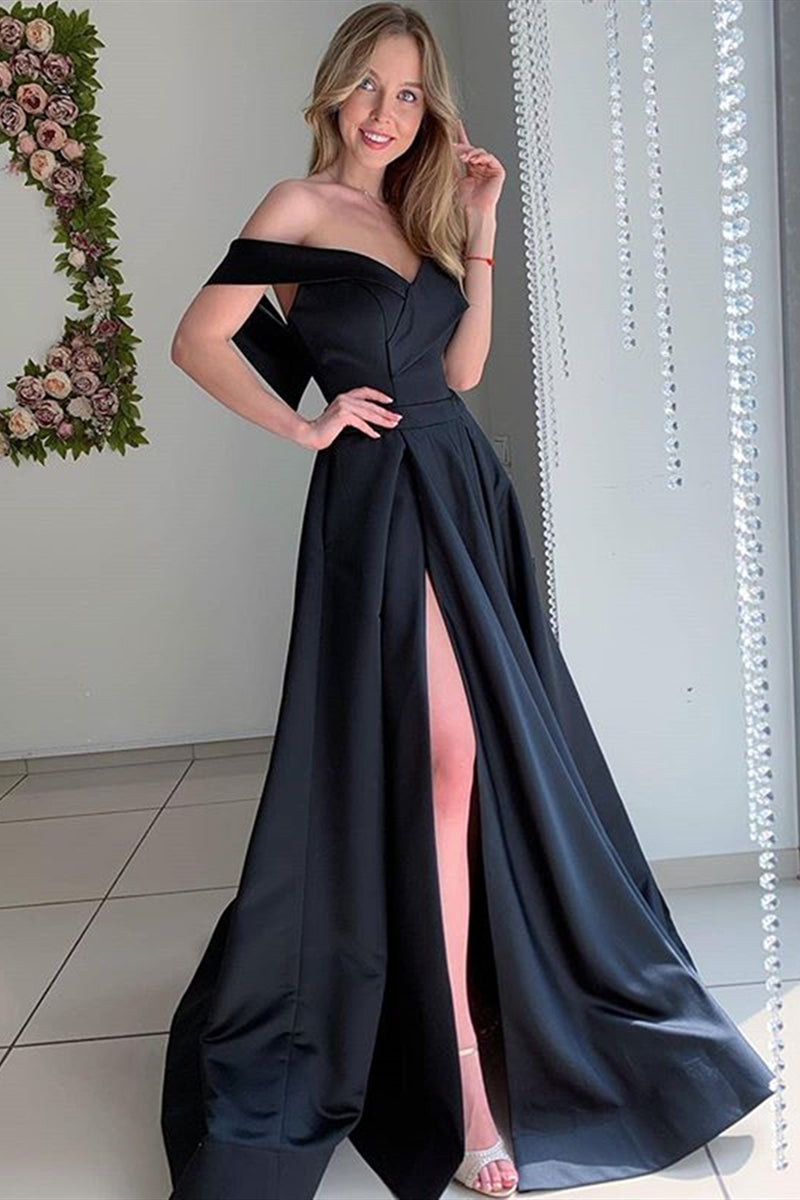 Unthony - Elegant Off Shoulder Long Black Prom Dress with High Slit