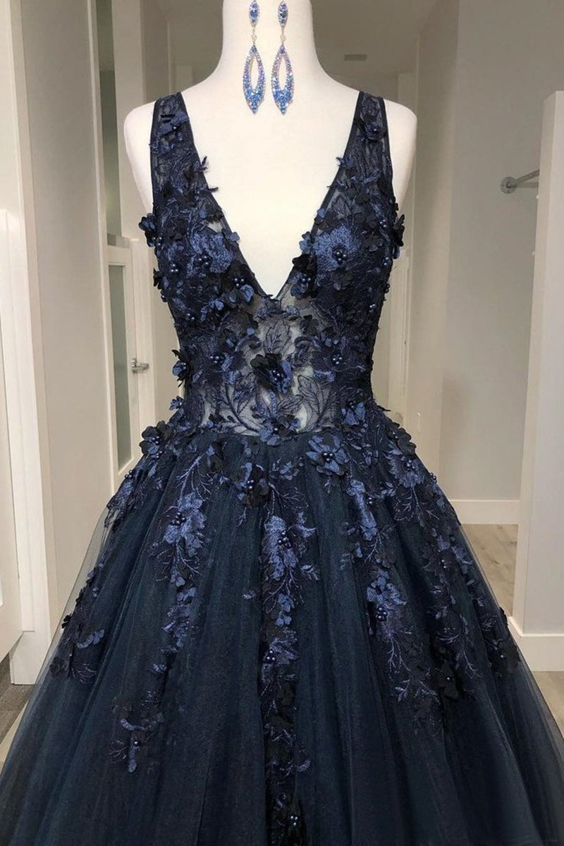 Unthony - V Neck Beaded Black Lace Appliques Long Prom Dress
