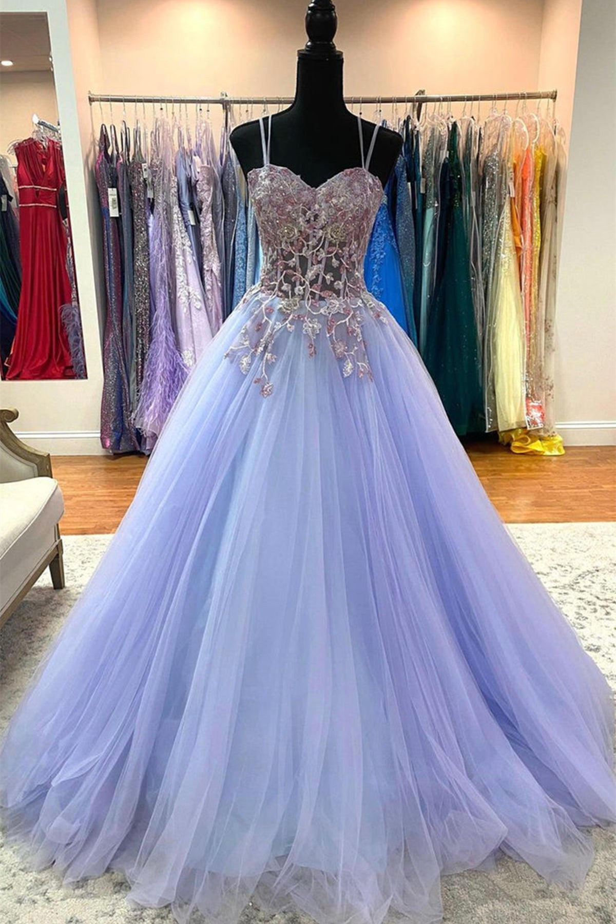 Unthony - Sweetheart Neck Purple Tulle Long Prom Dress with Lace Appliques