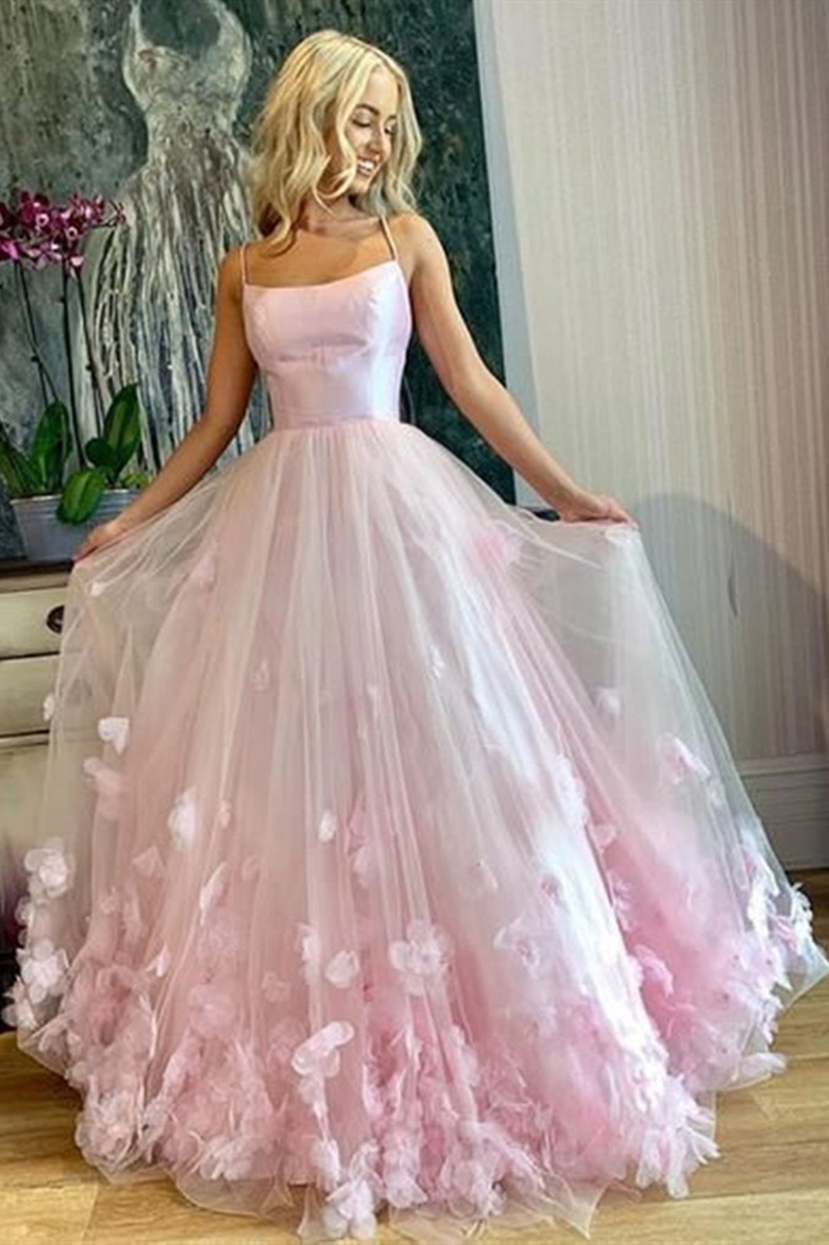 Unthony - Pink Tulle Floral Long Prom Dresses