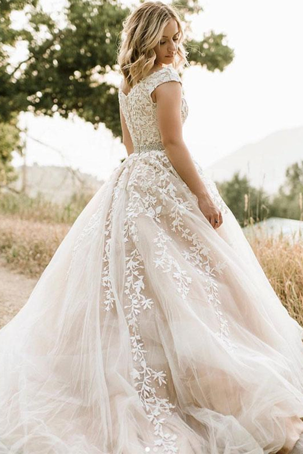 Unthony - V Neck Champagne Lace Long Prom Dress