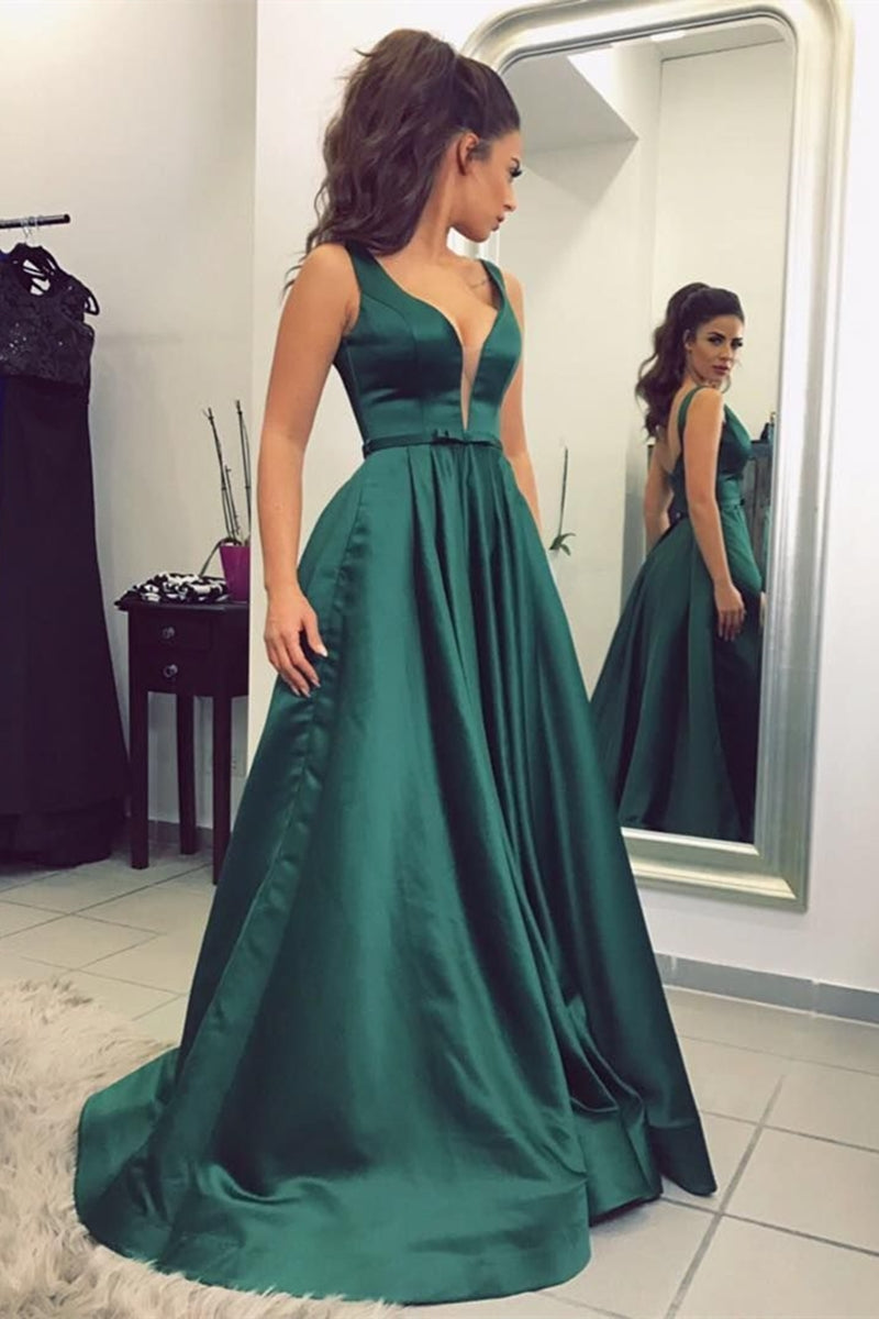 Unthony - Custom Made A Line V Neck Green Satin Long Prom Dress