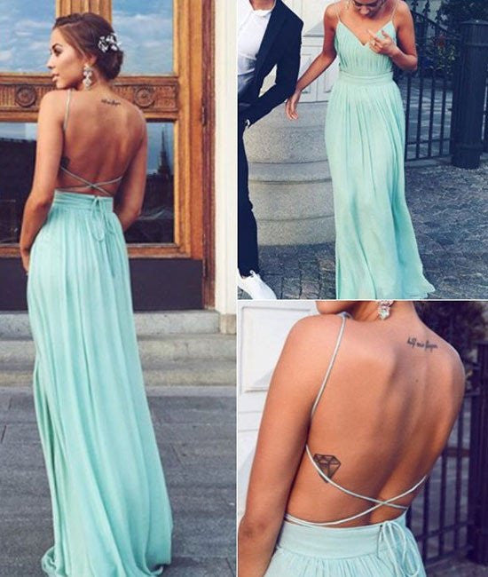 Unthony - A-line Backless Chiffon Green Long Prom Dresses