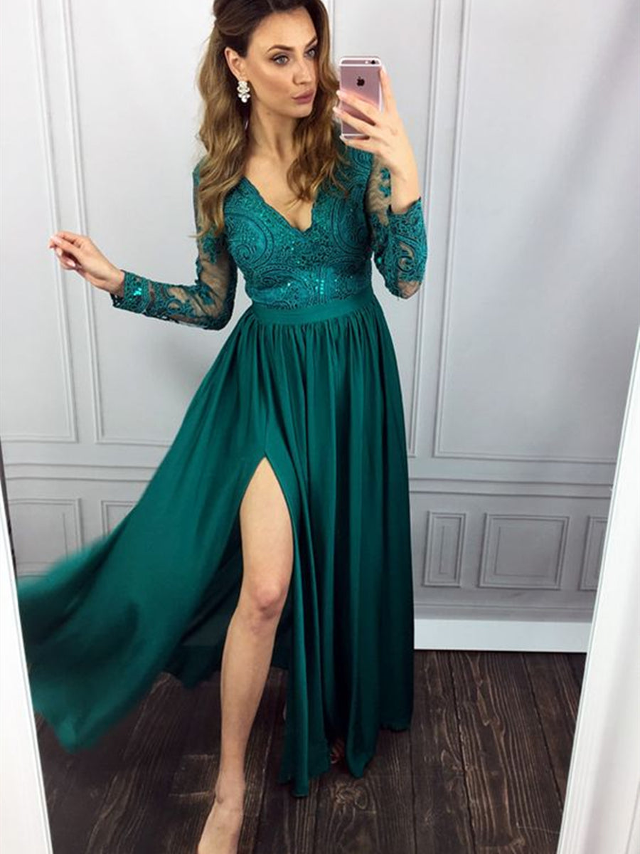 Unthony - Green A Line Long Sleeves Lace Long Prom Dresses with Leg Slit