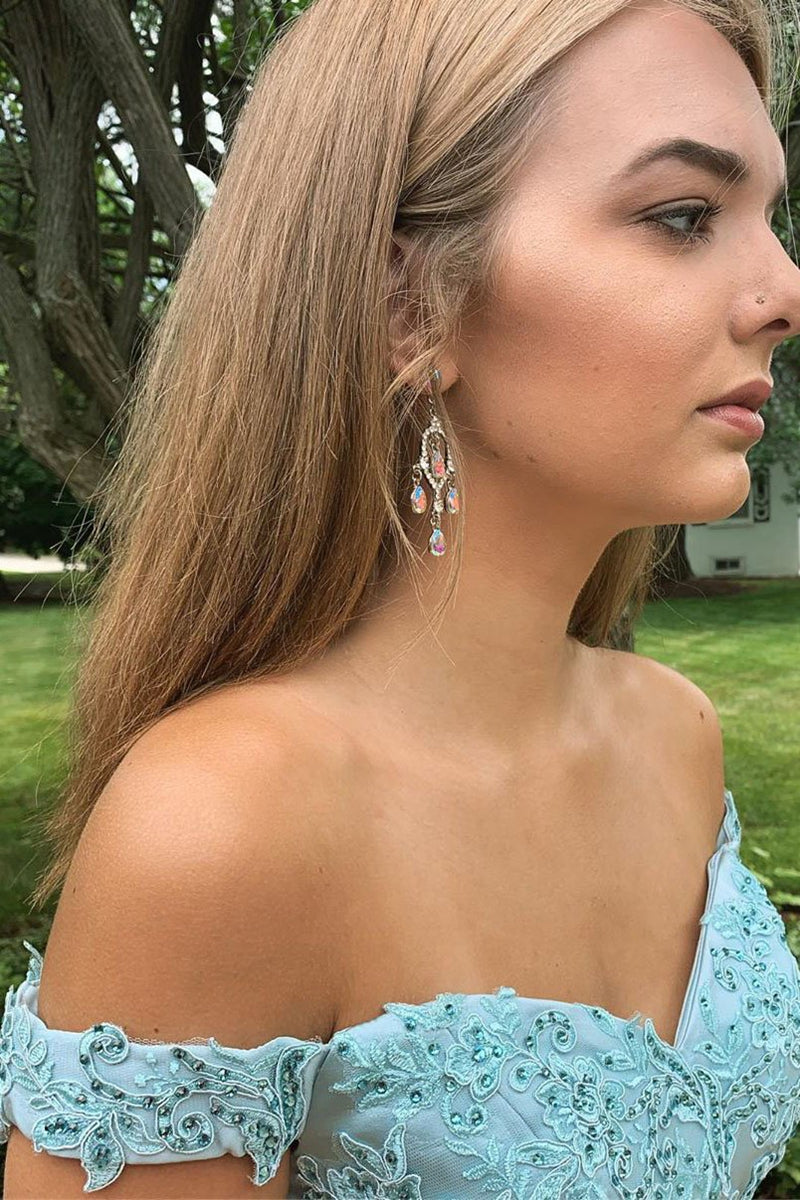 Unthony - Two Piece Off Shoulder Beaded Lace Short Blue Prom Dress Homecoming Dress