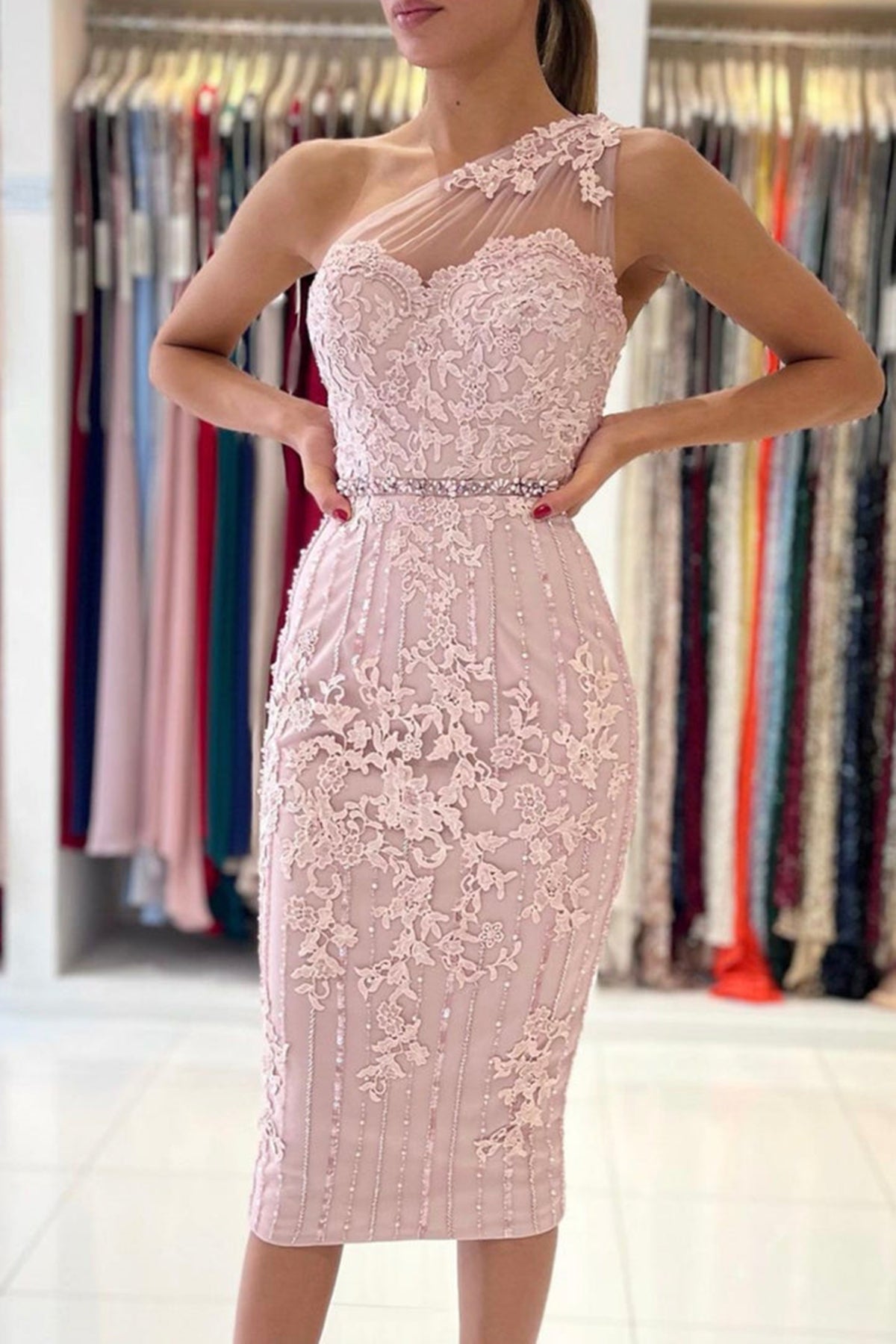 Unthony - One Shoulder Mermaid Pink Lace Prom Dress